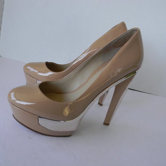 Brian Atwood PATENT Leather Leonida TAN/METALLIC PLATFORM HIGH HEELS SZ 8/38.5 - Picture 8 of 8